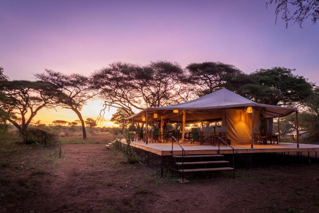 a tent in the middle of a field with trees at Baobab Tented Camp in Kwa Kuchinia