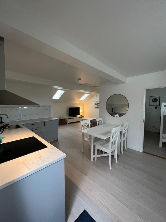 cocina y sala de estar con mesa y sillas en Nice Apartment close to everything, en Malmö