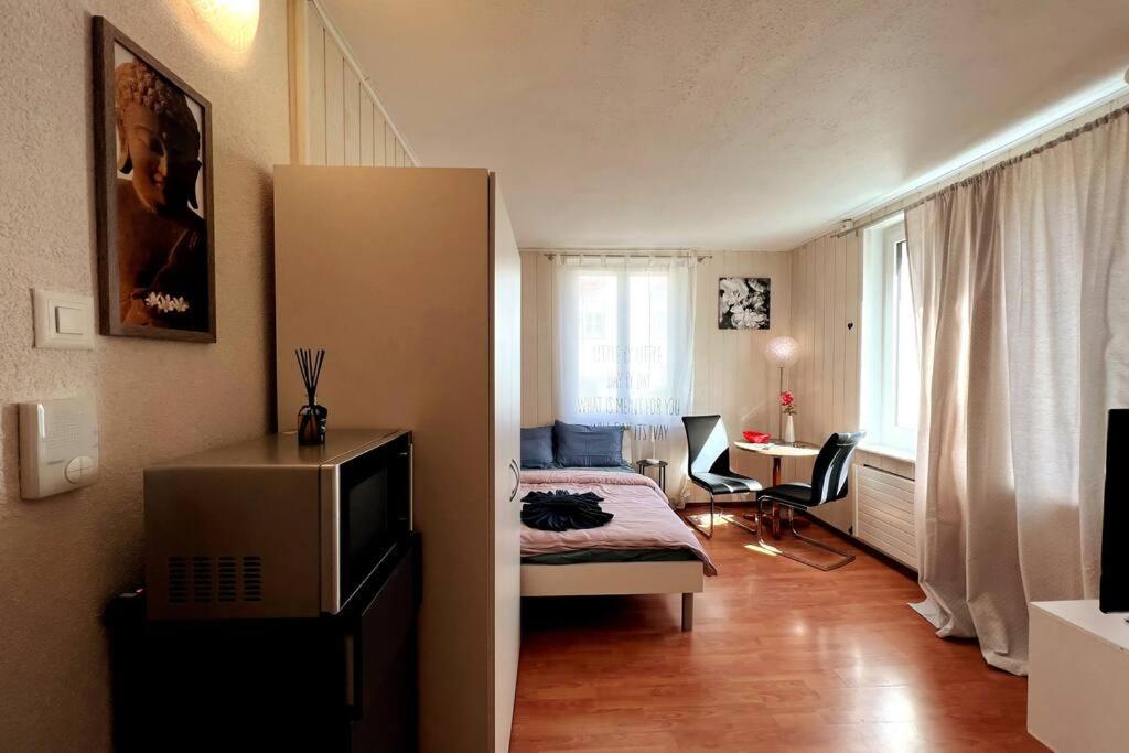 瓦利塞倫的住宿－Cheerful studio room in wallisellen，一间卧室配有一张床和一台电视。