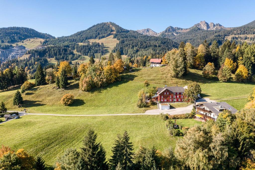an aerial view of a house on a hill with mountains at Berghaus Tschengla by A-Appartments in Bürserberg