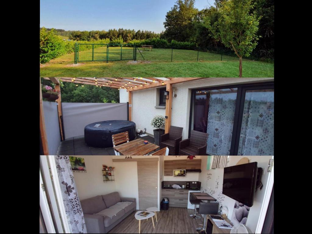 2 Bilder von einem Wohnzimmer und einem Haus in der Unterkunft Studio , Spa , nature et forêt au cœur des Vosges 