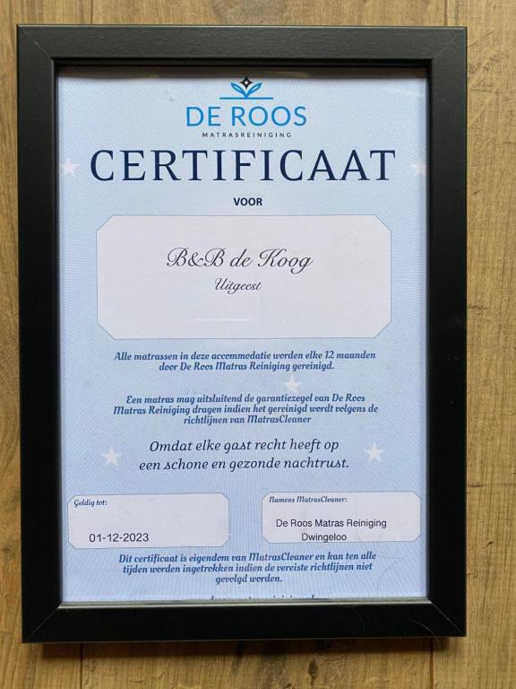 Certifikát, hodnocení, plakát nebo jiný dokument vystavený v ubytování Chalet - B&B de Koog