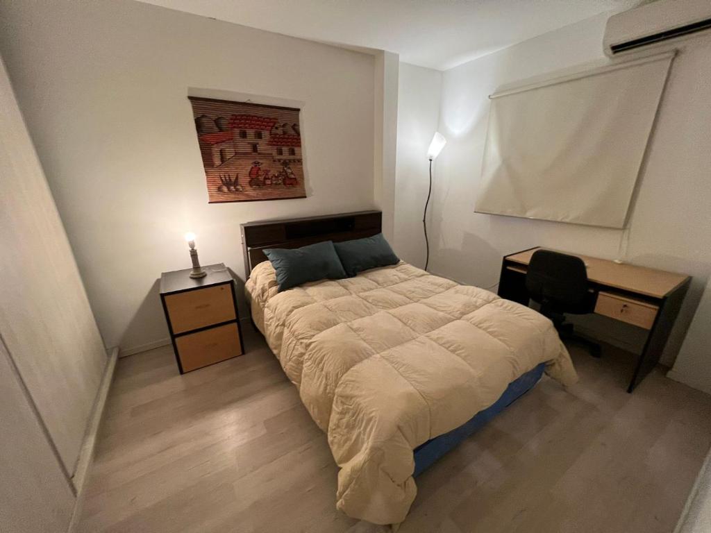 Habitación pequeña con cama y escritorio. en Champa Duplex Premium en San Rafael