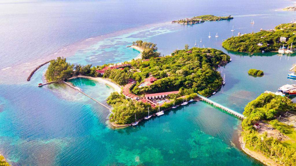 an aerial view of an island in the water at Fantasy Island Beach Resort and Marina - All Inclusive in First Bight