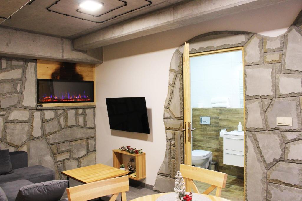 Televízia a/alebo spoločenská miestnosť v ubytovaní Apartamenty Pod Niedźwiedziem I