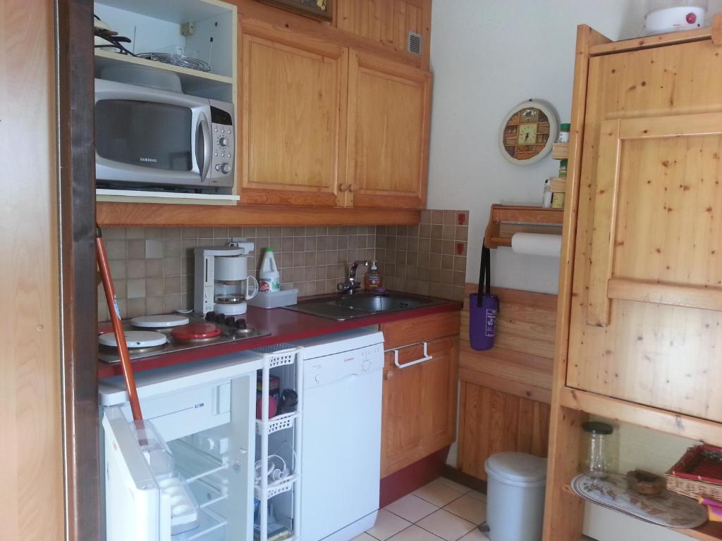 Il comprend une petite cuisine équipée d'un évier et d'un four micro-ondes. dans l'établissement Les Espaces Lichens 06, à Samoëns