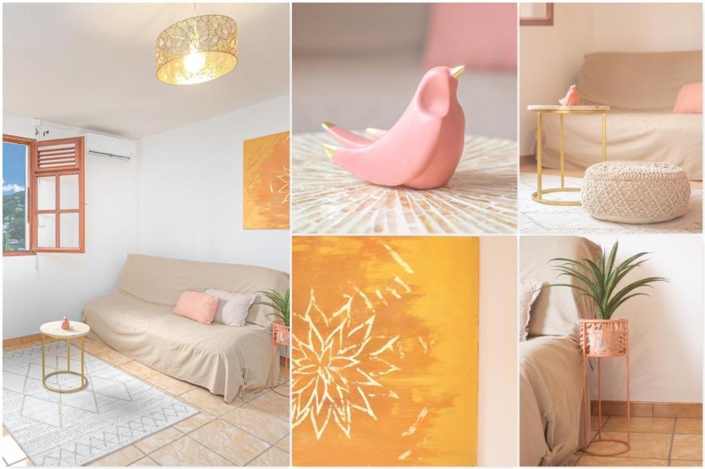 a collage of images of a room with a pink flamingo at Studio Le Lotus Doré in Sainte-Marie