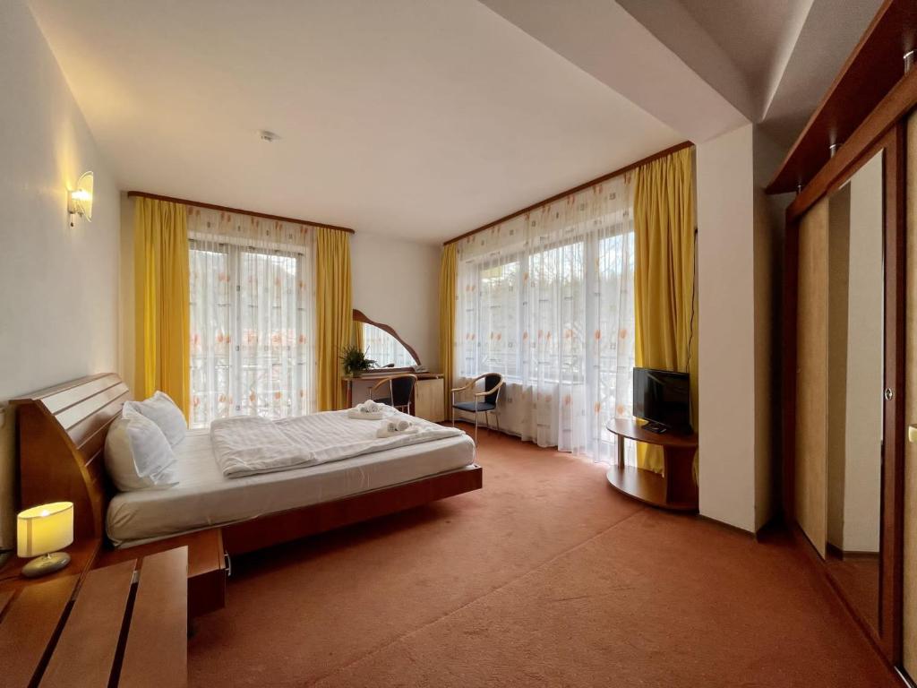 sypialnia z łóżkiem, telewizorem i oknami w obiekcie Vila Condor w mieście Poiana Brașov