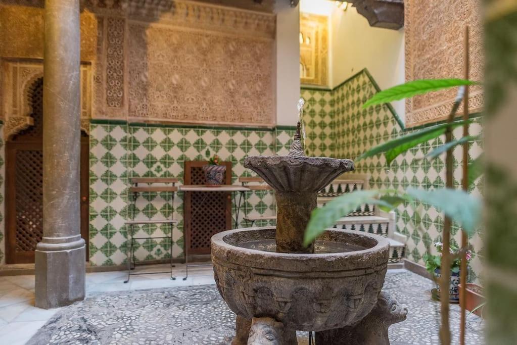 una fuente de piedra en una habitación con una planta en Bienvenidos a la Casa del Realejo, en Granada