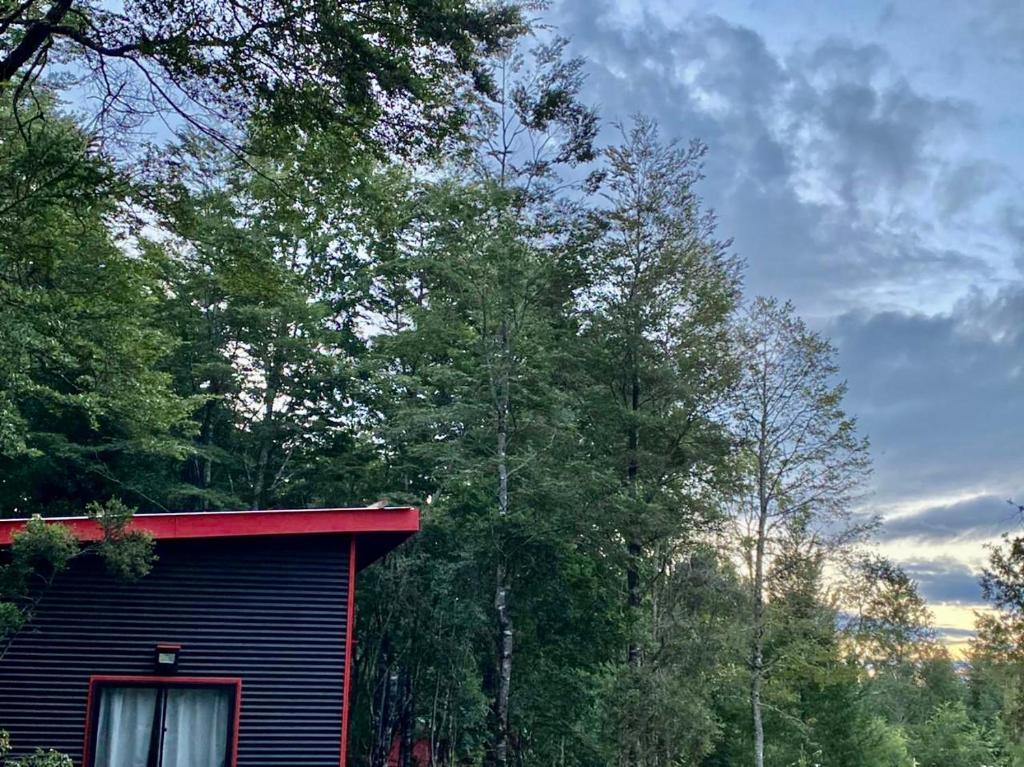 a house with a red roof next to some trees at Molco Cabins Loft in Pucón