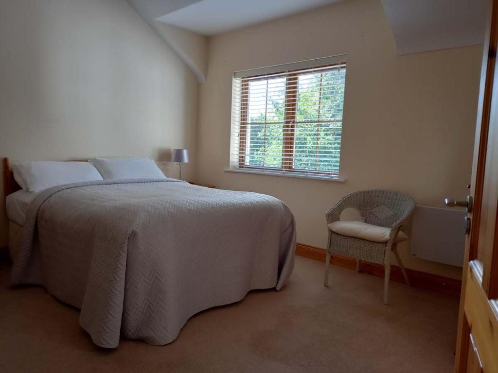1 dormitorio con 1 cama, 1 silla y 1 ventana en The Courtyard, Castle Dargan, en Ballygawley