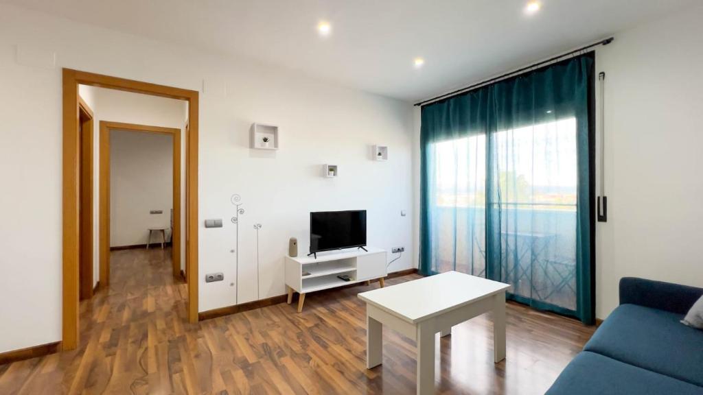 een woonkamer met een bank, een tv en een tafel bij Apartamento Delta in Deltebre