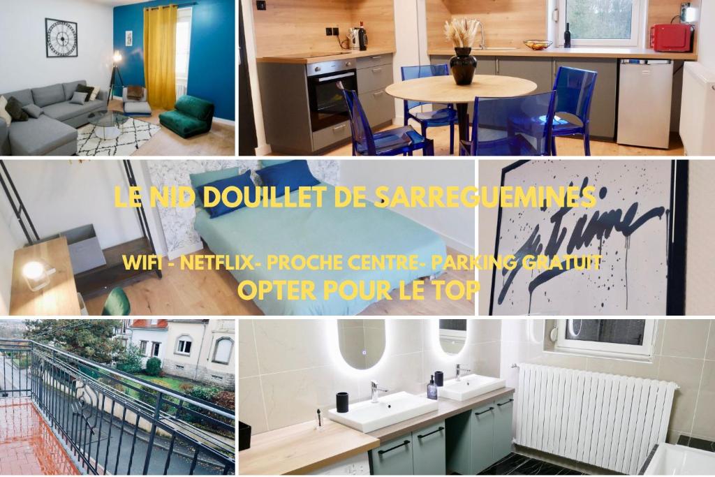 a collage of photos of a kitchen and a living room at Le nid douillet de Sarreguemines in Sarreguemines