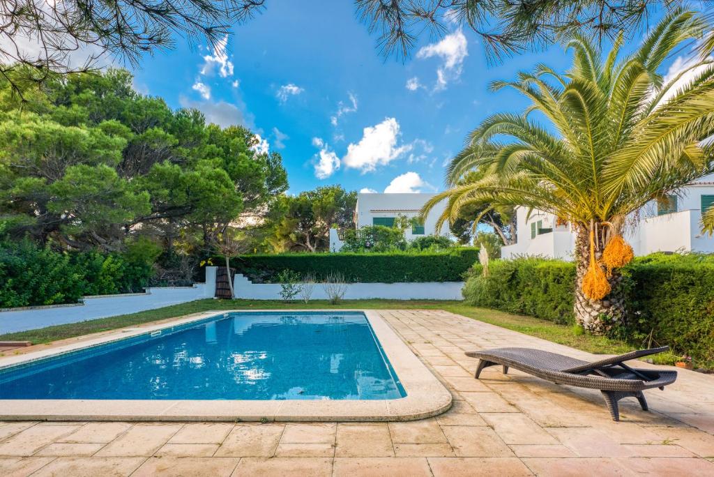 una piscina con un banco y una palmera en Las Violetas en Arenal d'en Castell
