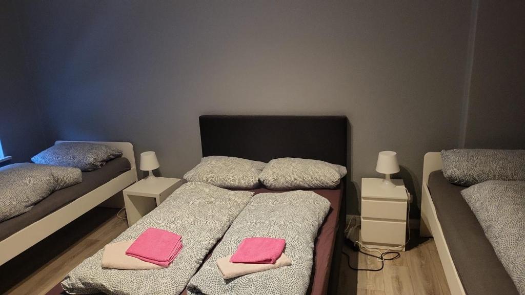 a room with two beds with pink towels on them at Flensburg Strandnah in Flensburg