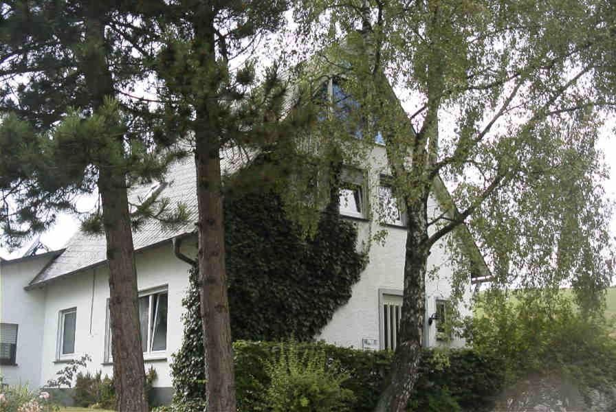 a white house with trees in front of it at Weitblick auf Berg, Wald und Wiese in Schmallenberg