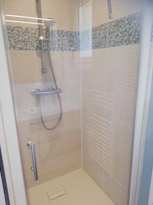 a shower with a glass door in a bathroom at Jolie petite maison indépendante in Pont-de-Buis