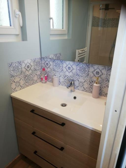 a bathroom with a sink and a mirror at Jolie petite maison indépendante in Pont-de-Buis