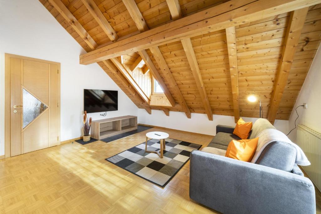 a living room with a couch and a tv at Apartments Gasser in Rasun di Sopra