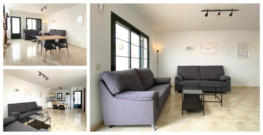 two pictures of a living room with a couch and a table at Villa Córdoba in Playa Blanca