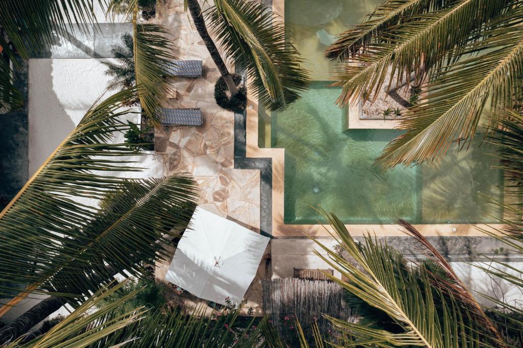 an overhead view of a swimming pool with palm trees at Sahari Zanzibar in Bwejuu