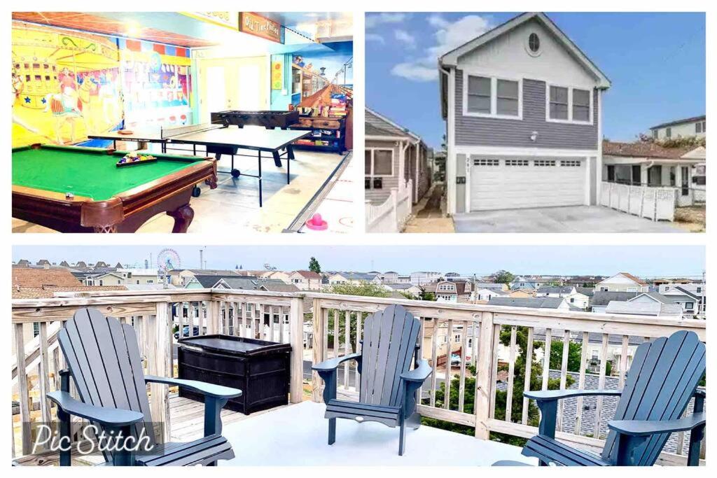a collage of photos of a patio with a pool table and a house at The Salt Life- Entire Home 8 Bdrm 3bath & GameRoom in Seaside Heights