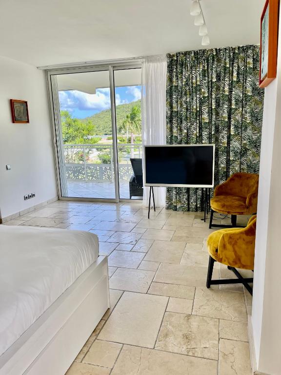 a living room with a couch and a television at Le Domaine Anse Marcel Beach Resort in Anse Marcel 