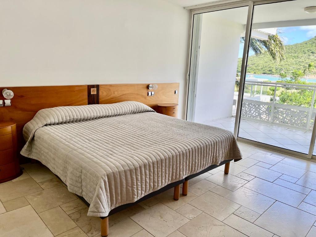 a bedroom with a bed and a large window at Le Domaine Anse Marcel Beach Resort in Anse Marcel 