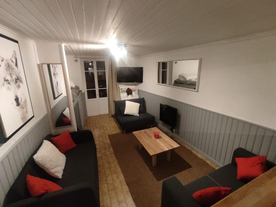 un soggiorno con divani, tavolo e TV di Superbe appartement refait à neuf a Saint-Martin-Vésubie