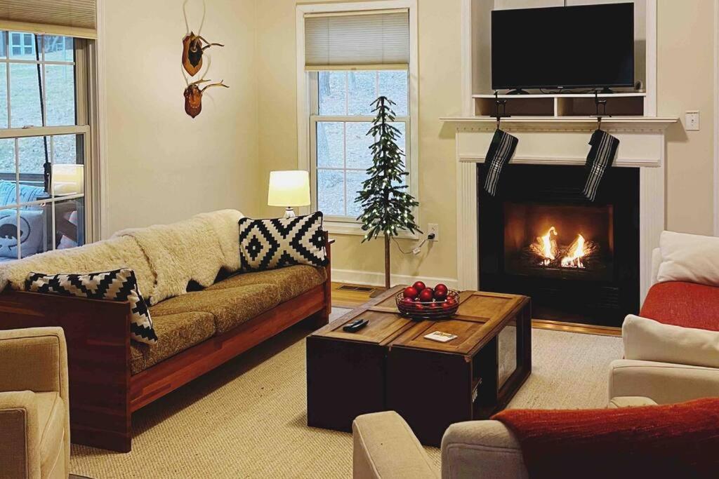 a living room with a couch and a fireplace at Cozy Cabin w/ Indoor Fireplace & Tranquil views in Luray