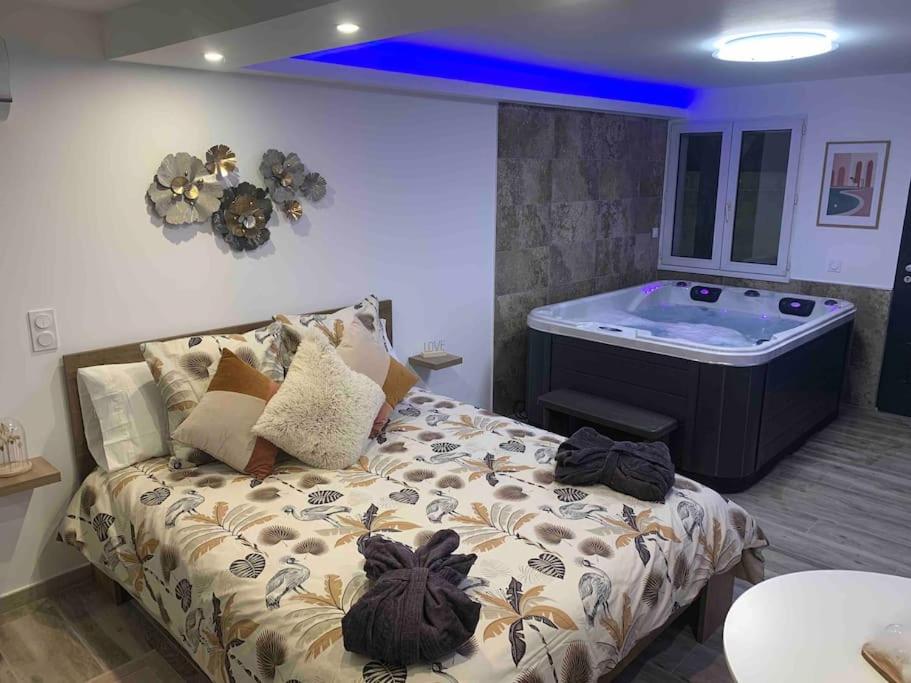 um quarto com uma cama e uma banheira em Cosy jacuzzi em Orange