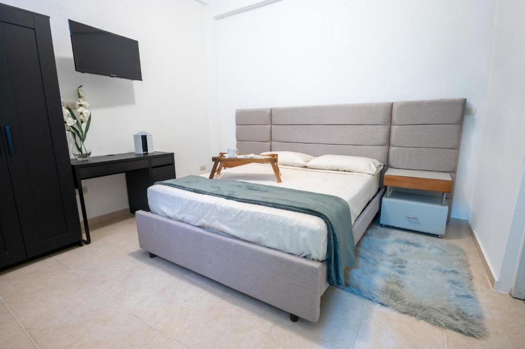 Schlafzimmer mit einem Bett, einem Schreibtisch und einem TV in der Unterkunft Estudio 9 en la Zona Colonial in Santo Domingo