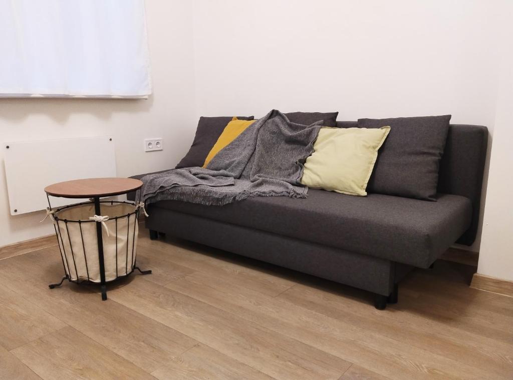 un sofá gris con almohadas y una mesa en una habitación en City center apartment, en Klaipėda