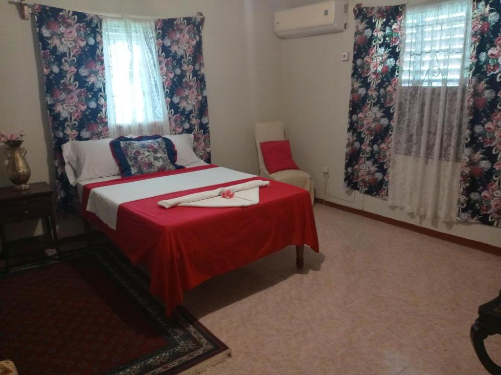 ポート・アントニオにあるRoyal Ridge Villaのベッドルーム1室(赤い毛布と窓付きのベッド1台付)