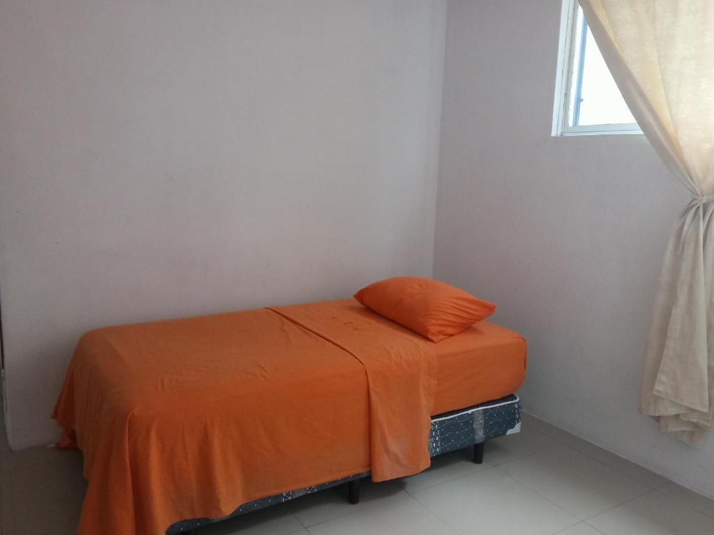 an orange bed in a room with a window at Pelican Tours in Puerto Baquerizo Moreno