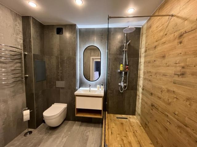 W łazience znajduje się toaleta, umywalka i lustro. w obiekcie Большая ванна лофт w mieście Pawłodar