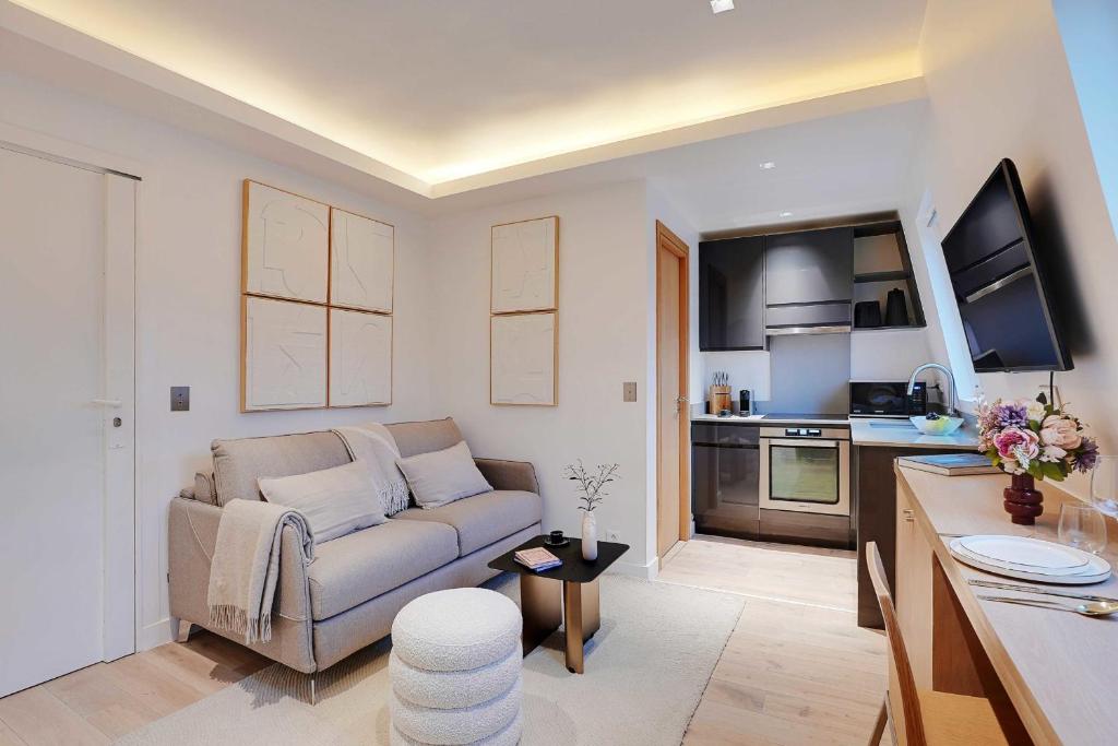 un salon avec un canapé et une cuisine dans l'établissement Magnificent apartment - 1BR-4P - Arc de Triomphe, à Paris