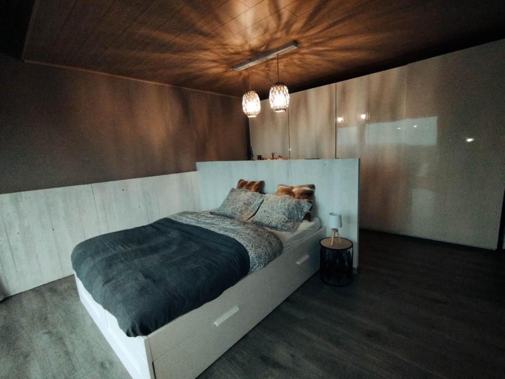 een slaapkamer met een groot bed in een kamer bij La course du soleil in Saint-Hubert