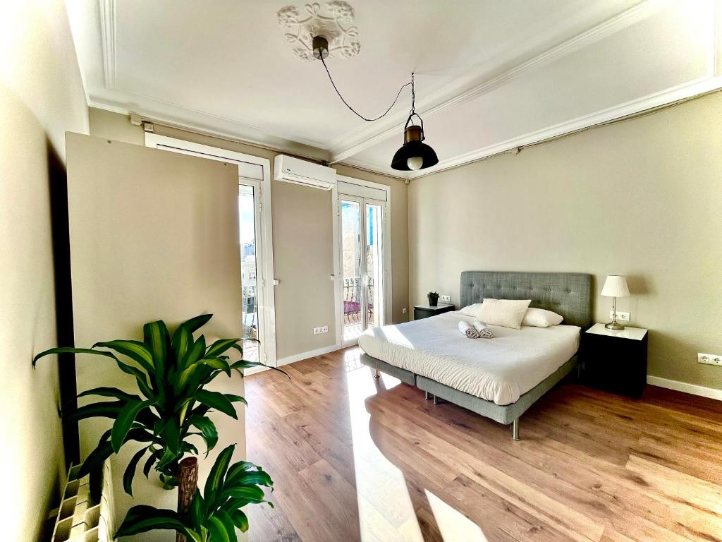 una camera con un letto e una pianta in vaso di Sunny apartment Gracia - Joanic Renovated a Barcellona