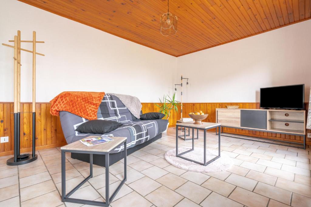 un salon avec un canapé et une télévision dans l'établissement L'Argentique, à Ceffonds