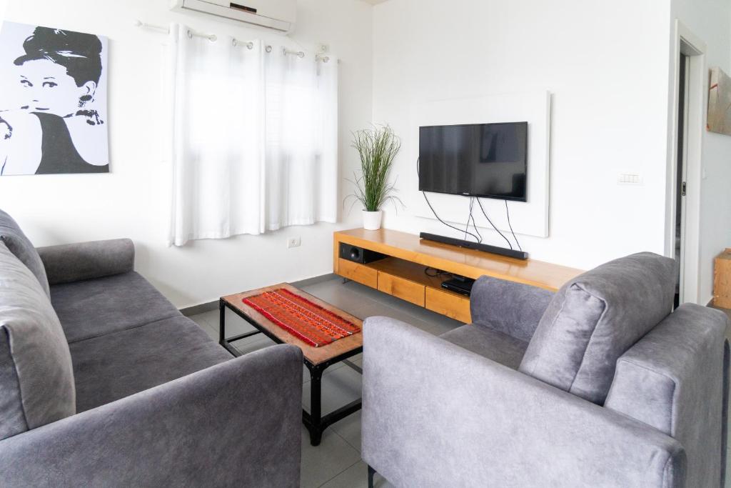 特拉維夫的住宿－哈雅肯街196號齊夫公寓，客厅配有两张沙发和一台电视机
