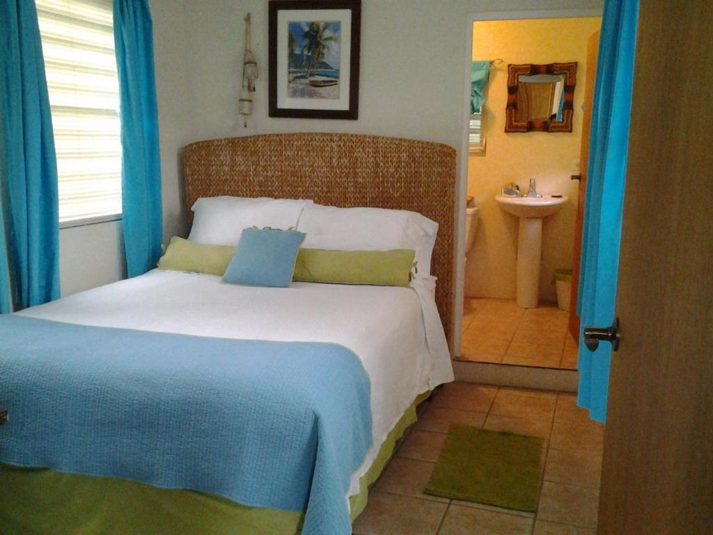 - une chambre avec un grand lit et une salle de bains dans l'établissement Casa de Tortuga Guesthouse, à Vieques