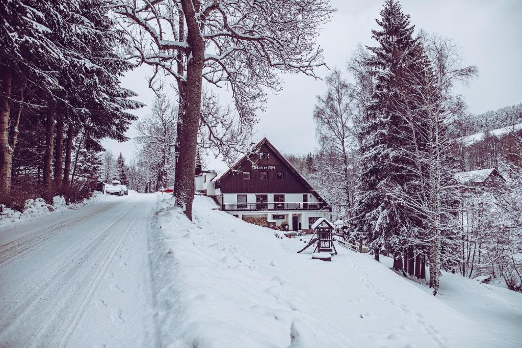 a snow covered road in front of a house at Penzion Čert in Horní Maršov
