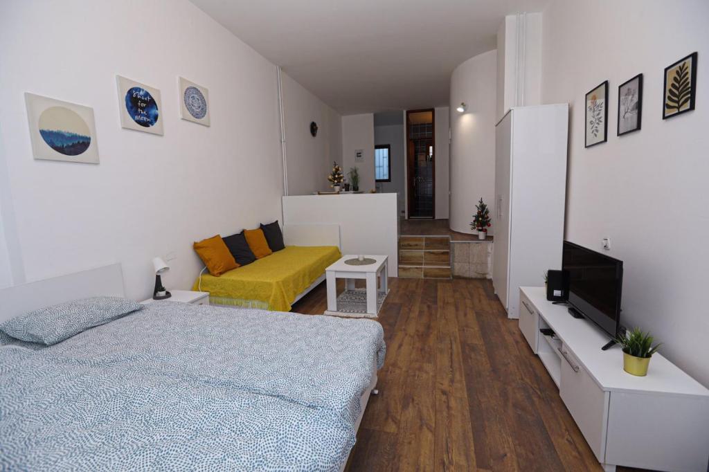 een slaapkamer met een bed en een tv en een bank bij Central Studio Apartman in Šabac