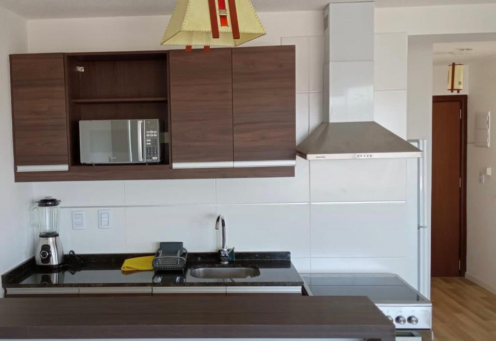cocina con fregadero y microondas en Apartamento con vistas, en Montevideo