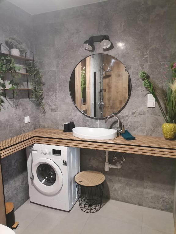 W łazience znajduje się pralka i lustro. w obiekcie Apartament Górska Szarotka w Nowym Targu