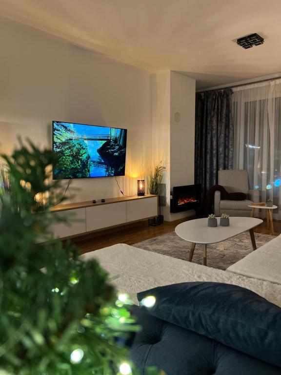 uma sala de estar com televisão e uma árvore de Natal em Rest Apartman, Bjelašnica em Bjelašnica