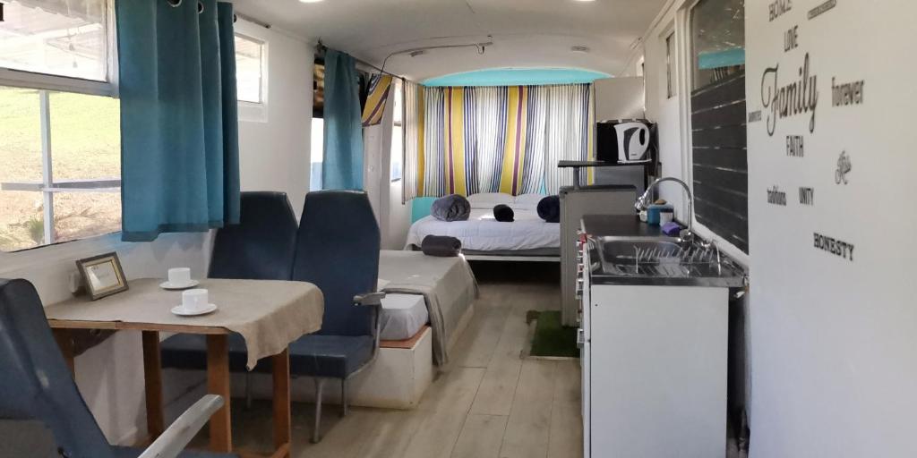a small room with a bed and a sink in it at The Dreamcatcher Bus in Sarchí