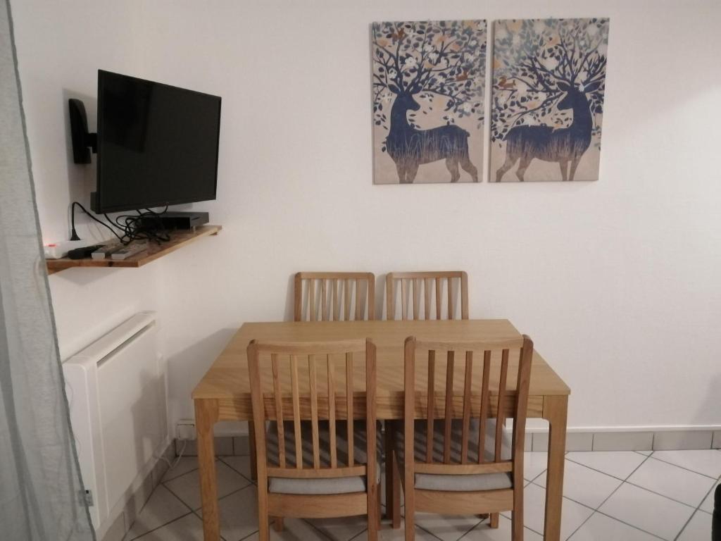 une table à manger avec des chaises et une télévision dans l'établissement Charmant studio cosy, à Orléans