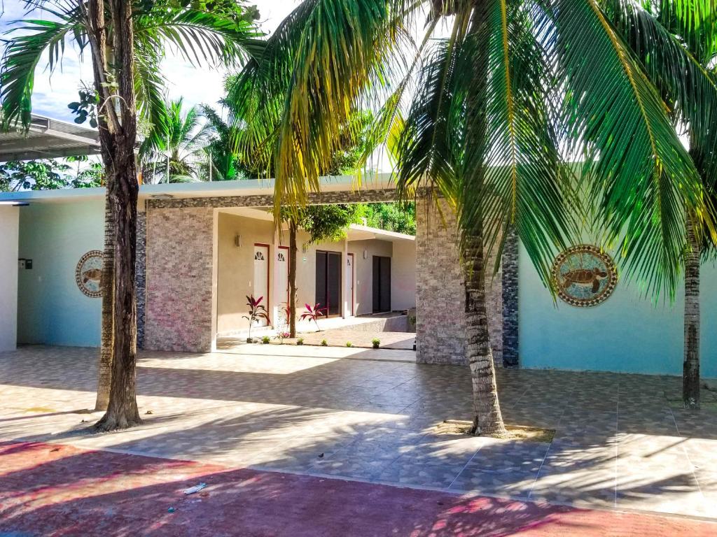 a house with palm trees in front of it at Hotel Blue Turtle in Bacalar